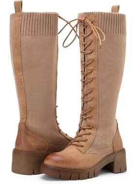Women's Apricot Round Toe Lace Up Platform Chunky Heel Knee High Boots